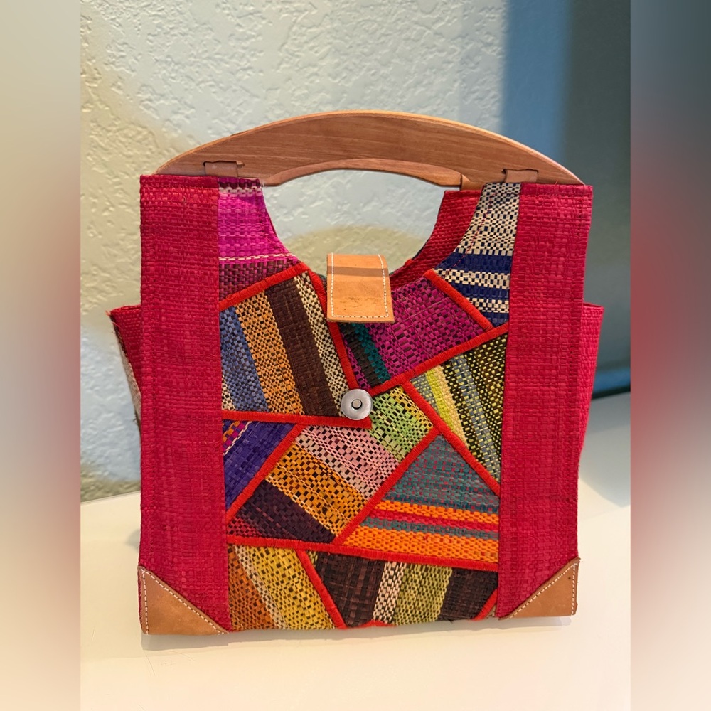 Pink Multicolor Patchwork Tote with Wooden Handles New